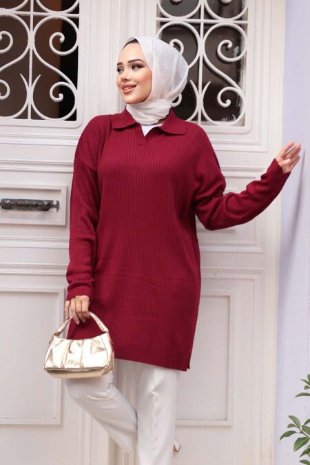 Ribbed Burgundy Knit Modest Sweater Tunic 65903BR - NEVA STYLE