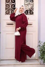 Ribbed Claret Red Knit Modest Two-Piece Set 17207BR - 1
