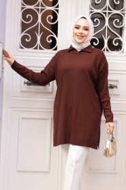 Ribbed Dark Brown Knit Modest Sweater Tunic 65903KKH - 1