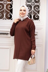 Ribbed Dark Brown Knit Modest Sweater Tunic 65903KKH - 2