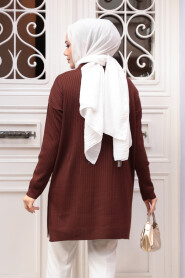 Ribbed Dark Brown Knit Modest Sweater Tunic 65903KKH - 3