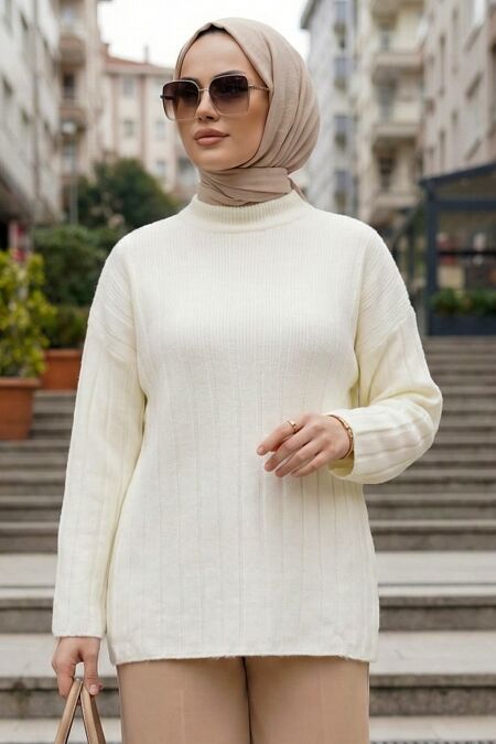 Ribbed Ecru Modest Knit Sweater 8844E - 