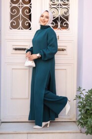 Ribbed Petrol Green Knit Modest Two-Piece Set 17207PY - 3