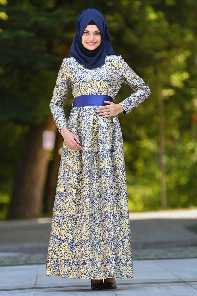  Long Sax Blue Islamic Long Sleeve Maxi Dress 24410SX - NEVA STYLE