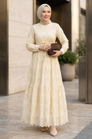 Ruched Waist Detail Eyelet Beige Modest Dress 50082BEJ - 