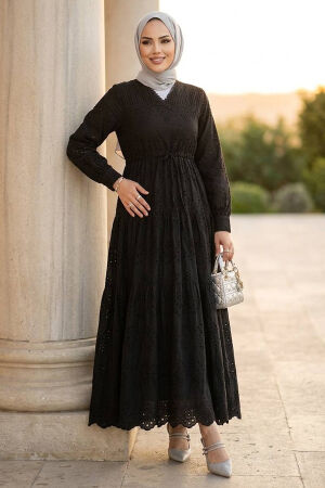 Ruched Waist Detail Eyelet Black Modest Dress 50082S - 