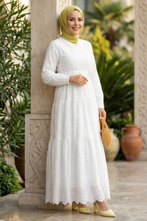 Ruched Waist Detail Eyelet White Modest Dress 50082B - 