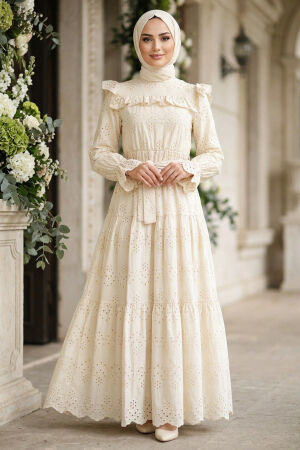 Ruffle Collar Belted Eyelet Beige Modest Dress 50281BEJ - 