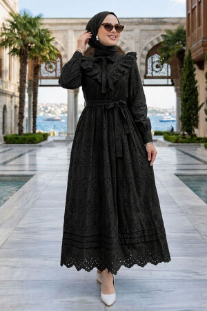 Ruffle Collar Belted Eyelet Black Modest Dress 50164S - 