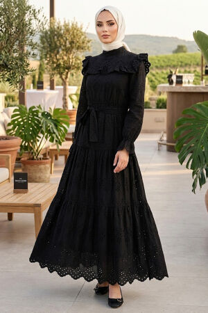 Ruffle Collar Belted Eyelet Black Modest Dress 50281S - 