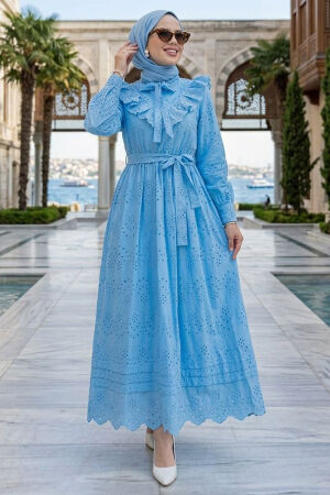 Ruffle Collar Belted Eyelet Blue Modest Dress 50164M - 