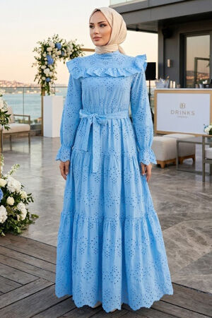 Ruffle Collar Belted Eyelet Blue Modest Dress 50281M - 