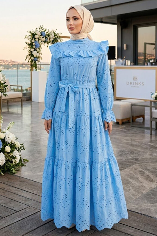 Ruffle Collar Belted Eyelet Blue Modest Dress 50281M - 