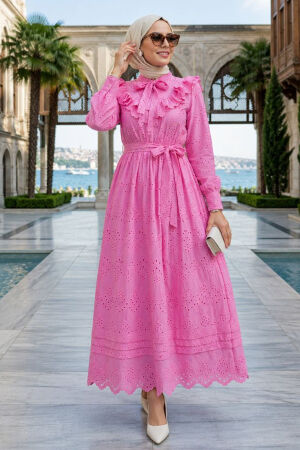 Ruffle Collar Belted Eyelet Pink Modest Dress 50164P - 