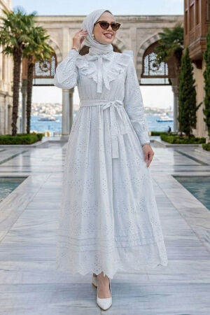 Ruffle Collar Belted Eyelet White Modest Dress 50164B - 