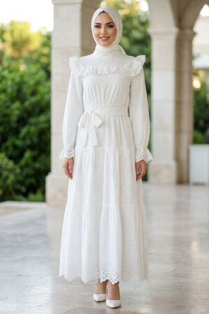Ruffle Collar Belted Eyelet White Modest Dress 50281B - 