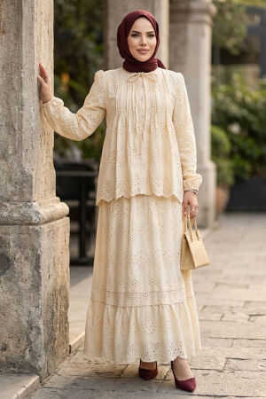 Ruffle Collar Tiered Eyelet Beige Modest Two-Piece Set 50194BEJ - 