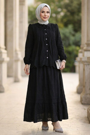Ruffle Collar Tiered Eyelet Black Modest Two-Piece Set 50194S - 