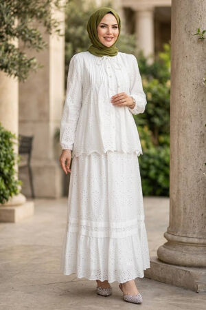Ruffle Collar Tiered Eyelet White Modest Two-Piece Set 50194B - 