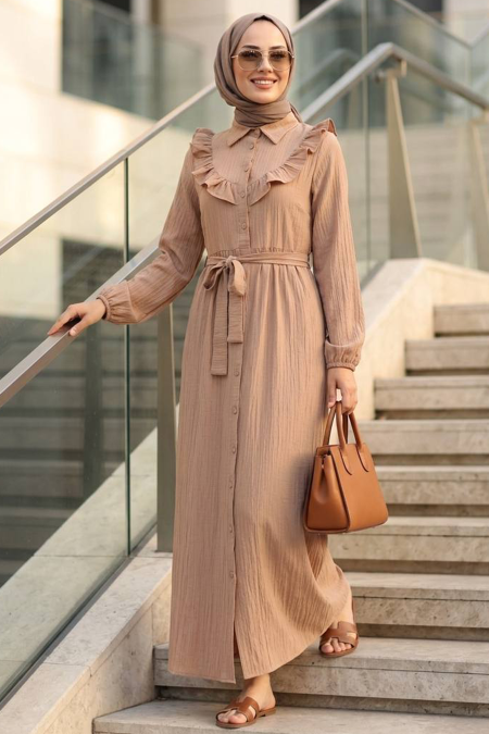 Ruffle Detail Biscuit Modest Dress 20311BS - 