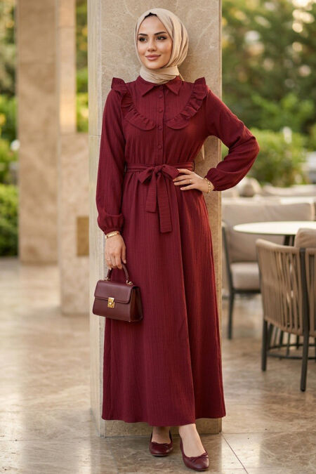 Ruffle Detail Burgundy Modest Dress 20311BR - 