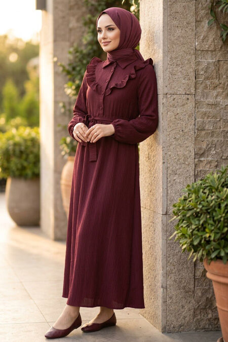 Ruffle Detail Dark Burgundy Modest Dress 20311KBR - 