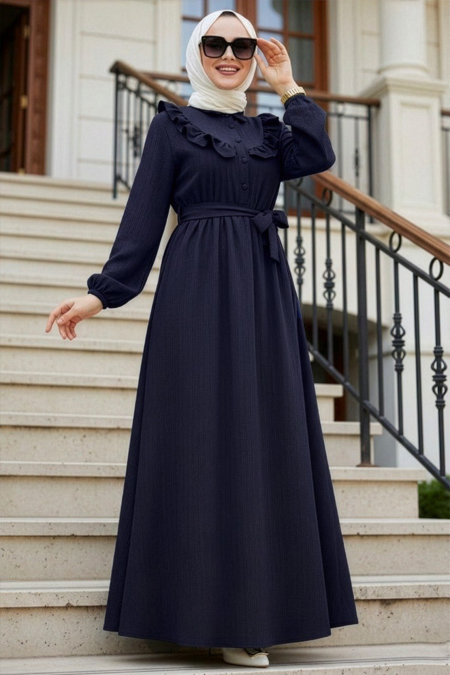 Ruffle Detail Navy Modest Dress 20311L - 