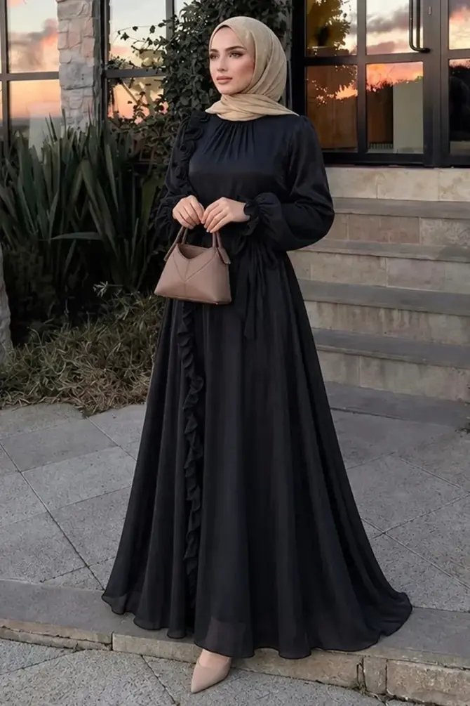 Ruffle Detail Tie Collar Black Modest Evening Dress 79861S - 