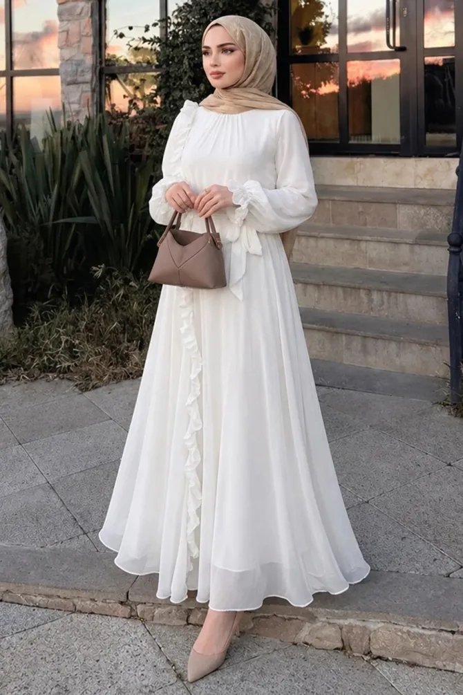 Ruffle Detail Tie Collar White Modest Evening Dress 79861B - 
