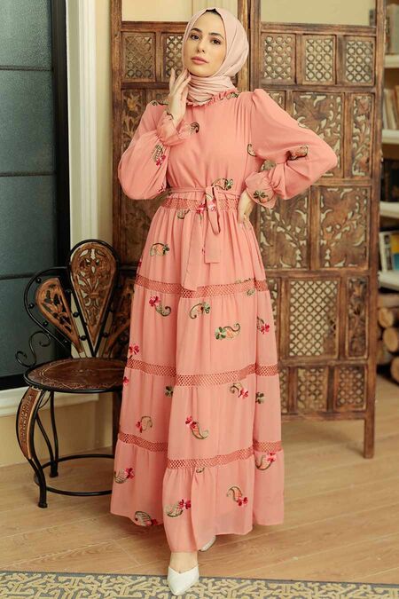 Salmon Pink Hijab Dress 10268SMN - NEVA STYLE