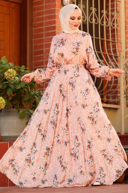 Salmon Pink Hijab Dress 22160SMN - NEVA STYLE