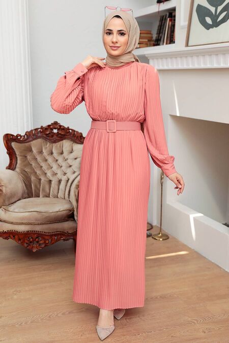 Salmon Pink Hijab Dress 3369SMN - NEVA STYLE