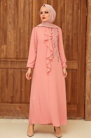  Modern Salmon Pink Islamic Long Sleeve Dress 12951SMN - 1