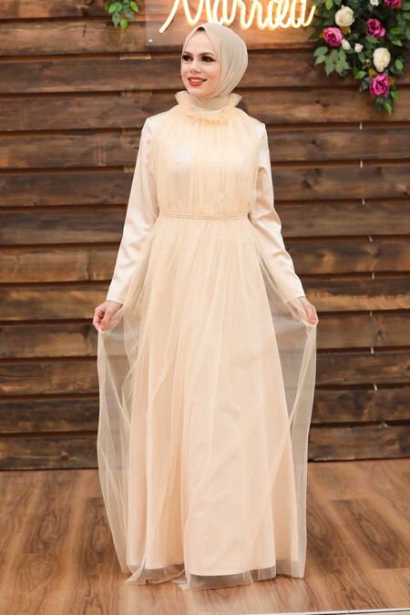  Long Salmon Pink Islamic Wedding Dress 2203SMN - 2203SMN