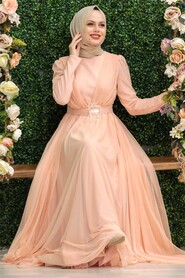 Salmon Pink Hijab Evening Dress 23341SMN - 3