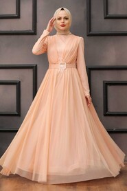 Salmon Pink Hijab Evening Dress 23341SMN - 4