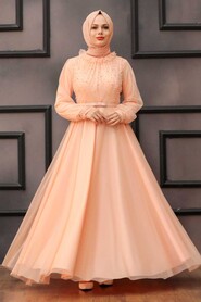 Long Salmon Pink Hijab Engagement Gown 2712SMN - 2