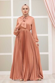  Satin Salmon Pink Islamic Clothing Engagement Dress 3031SMN - 1