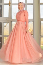 Salmon Pink Hijab Evening Dress 32670SMN - 2