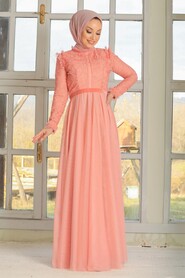 Salmon Pink Hijab Evening Dress 32670SMN - 3