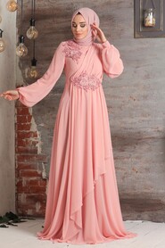 Salmon Pink Hijab Evening Dress 3499SMN - 1