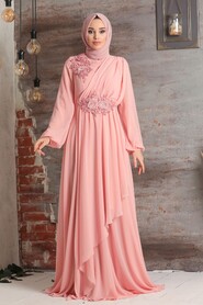 Salmon Pink Hijab Evening Dress 3499SMN - 2