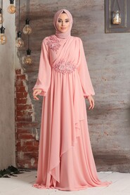 Salmon Pink Hijab Evening Dress 3499SMN - 3