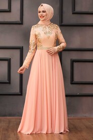 Salmon Pink Hijab Evening Dress 75790SMN - 1