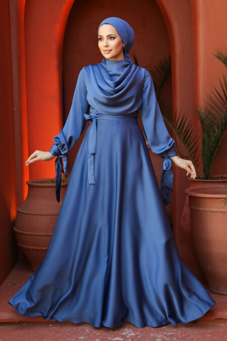 Satin Blue Islamic Long Sleeve Maxi Dress 38031M - NEVA STYLE