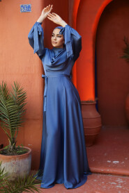 Satin Blue Islamic Long Sleeve Maxi Dress 38031M - 4