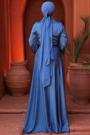 Satin Blue Islamic Long Sleeve Maxi Dress 38031M - 5