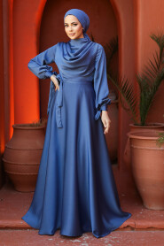 Satin Blue Islamic Long Sleeve Maxi Dress 38031M - 2