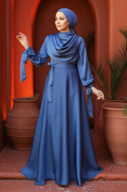 Satin Blue Islamic Long Sleeve Maxi Dress 38031M - 3