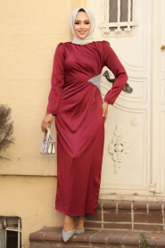 Satin Claret Red Muslim Bridal Dress 5940BR - 1